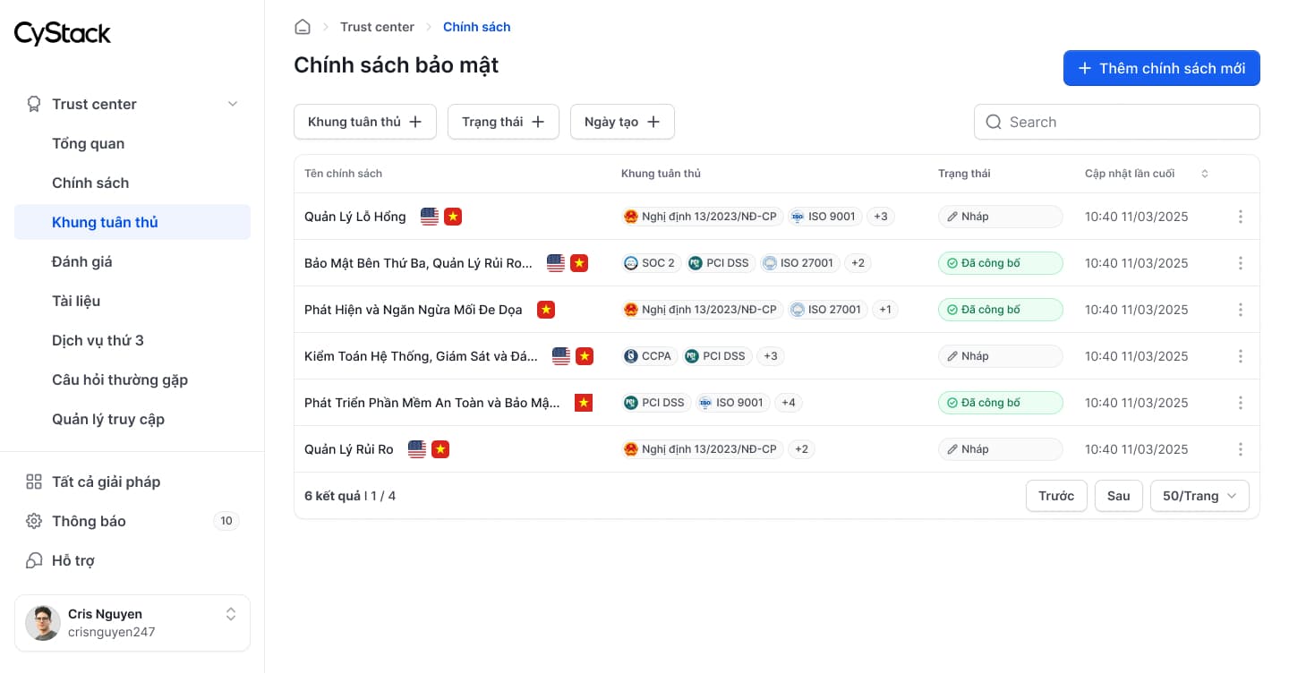 trust center quản lý chính sách bảo mật