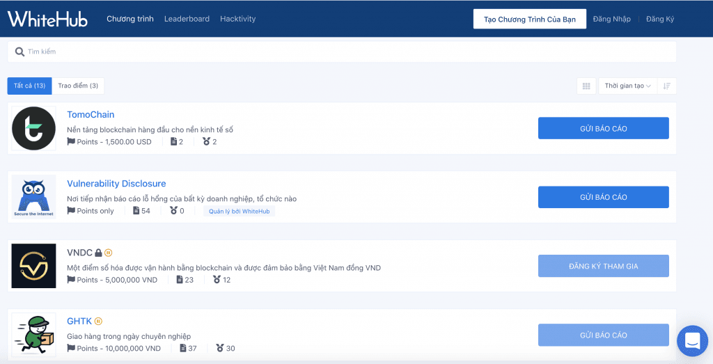 Các chương trình bug bounty trên Whitehub