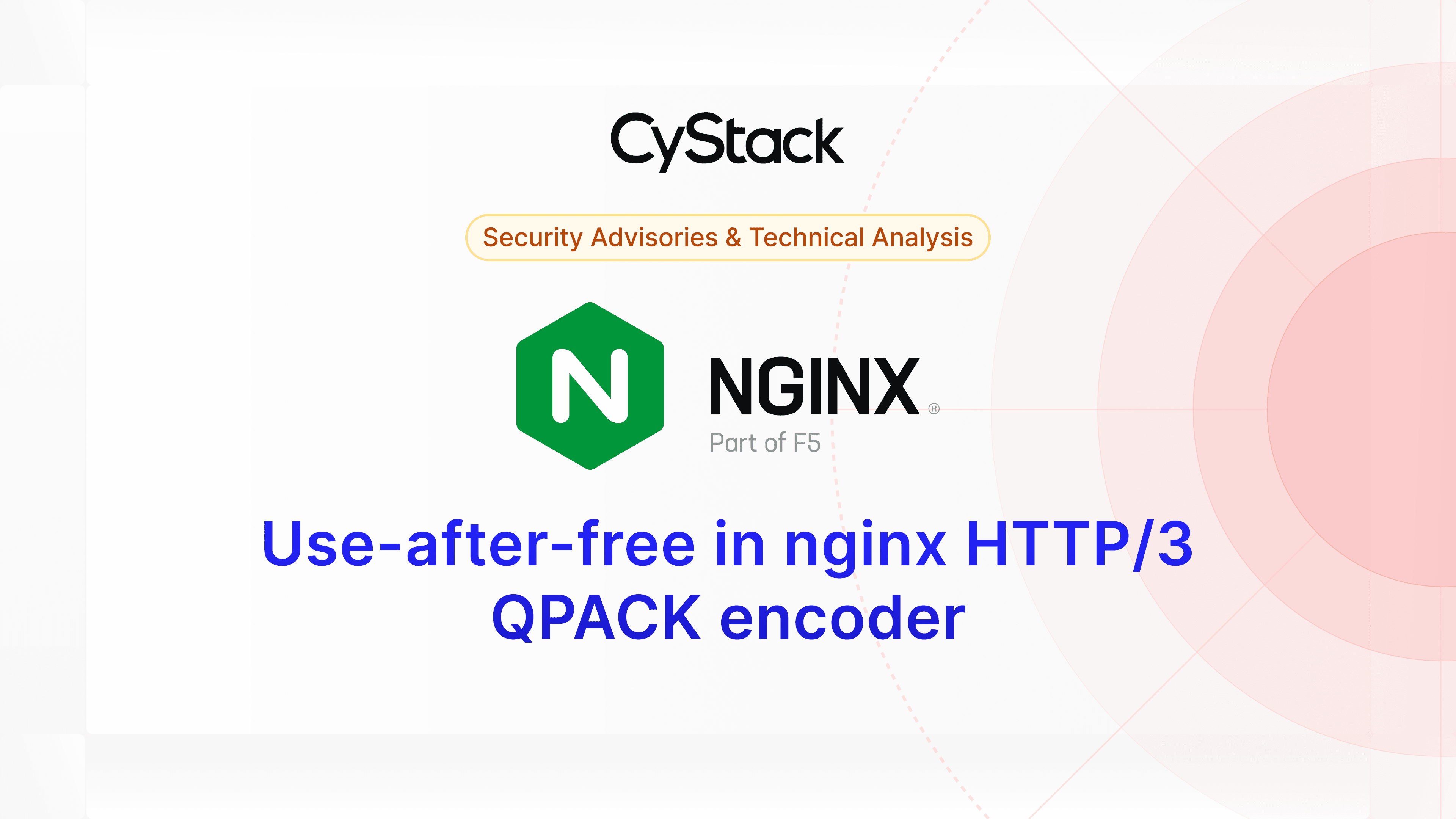 CyStack research banner — CVE-2026-42530: use-after-free in nginx HTTP/3 QPACK encoder, NGINX Part of F5 logo.