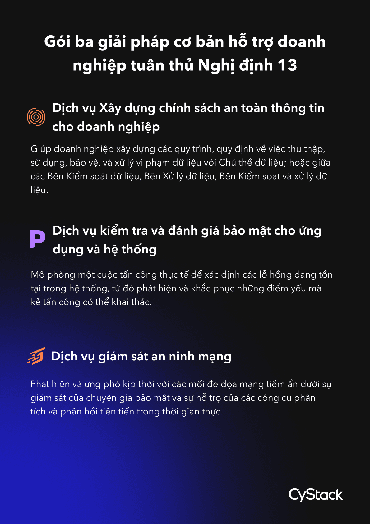 Gói ba giải pháp cơ bản hỗ trợ doanh nghiệp vừa và nhỏ tuân thủ Nghị định 13 của CyStack.