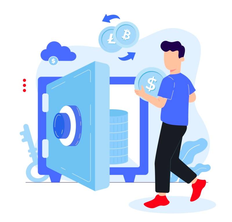 An illustration of a person storing their cryptocurrency in a vault