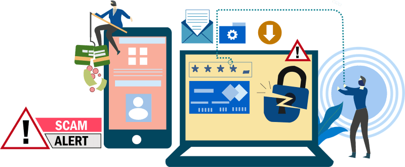An illustration showing hackers stealing data from computers and phones