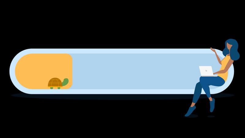 An illustration of a turtle and a person using a laptop, demonstrating a slow website