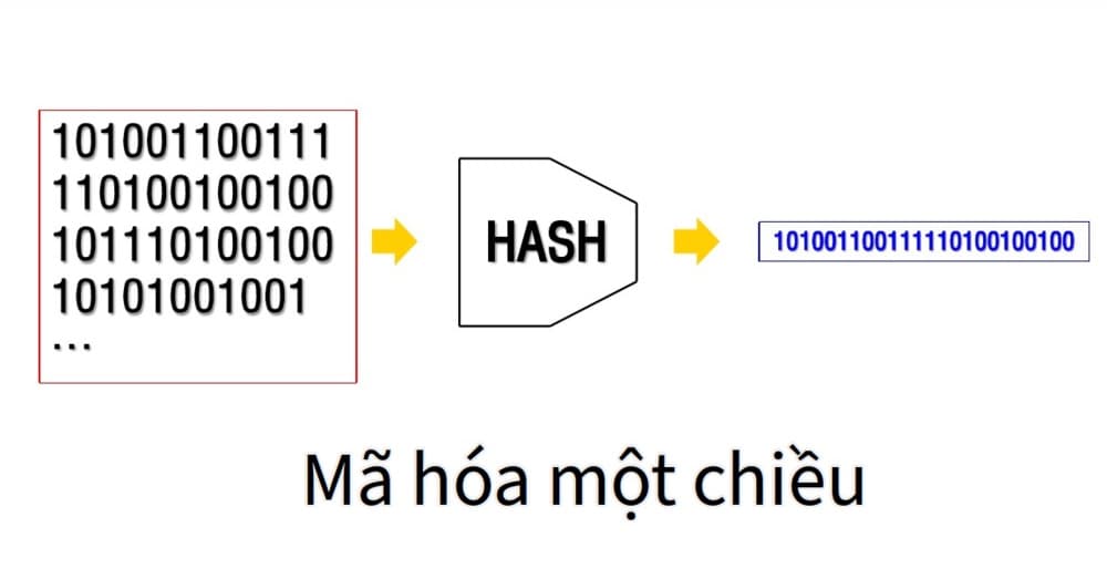 Sơ đồ thể hiện cơ chế mã hóa một chiều với đầu vào, hàm băm, và đầu ra là các bit 0, 1 ngẫu nhiên.