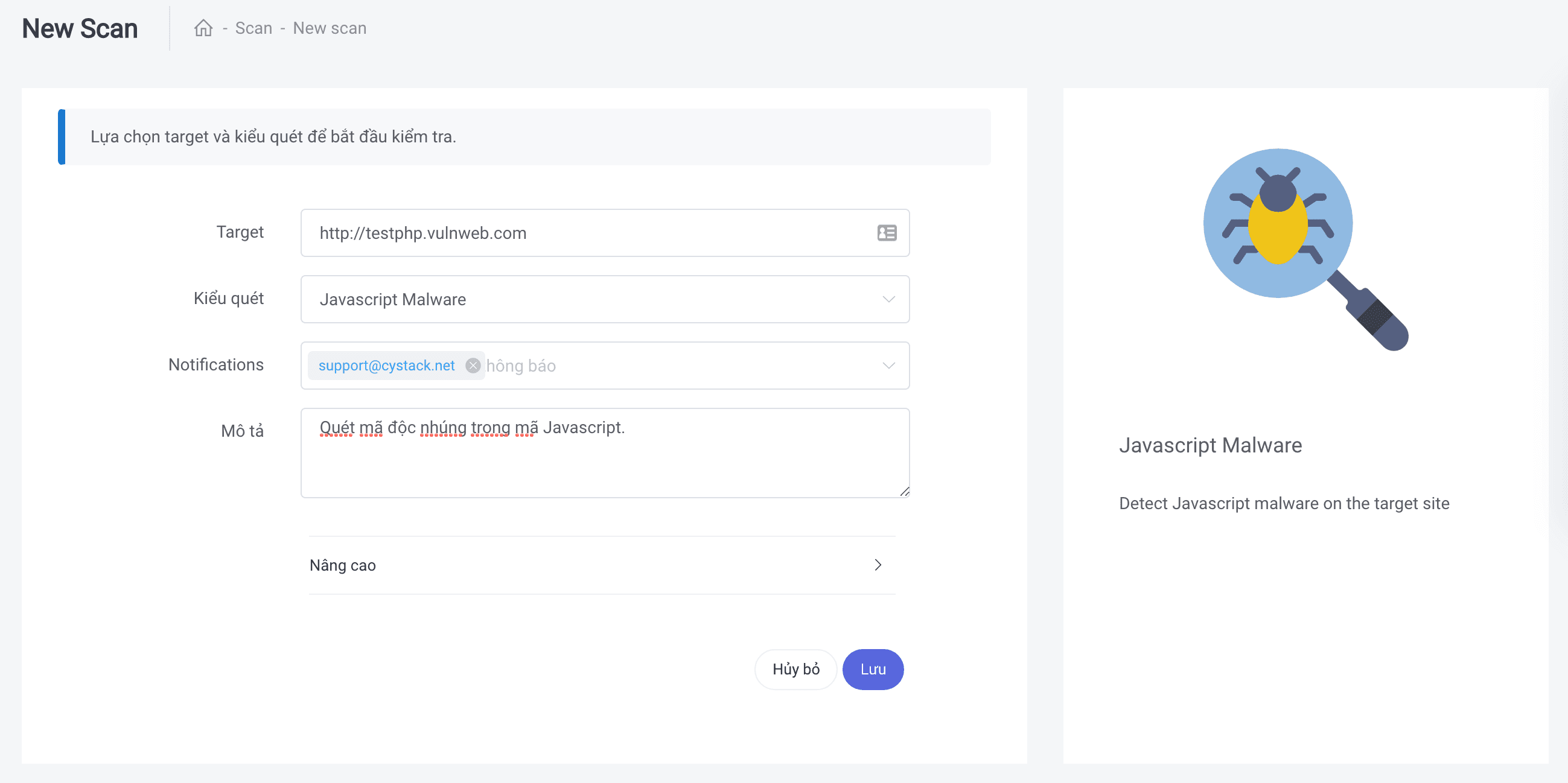 Giao diện quét mã độc và lỗ hổng của CyStack Platform