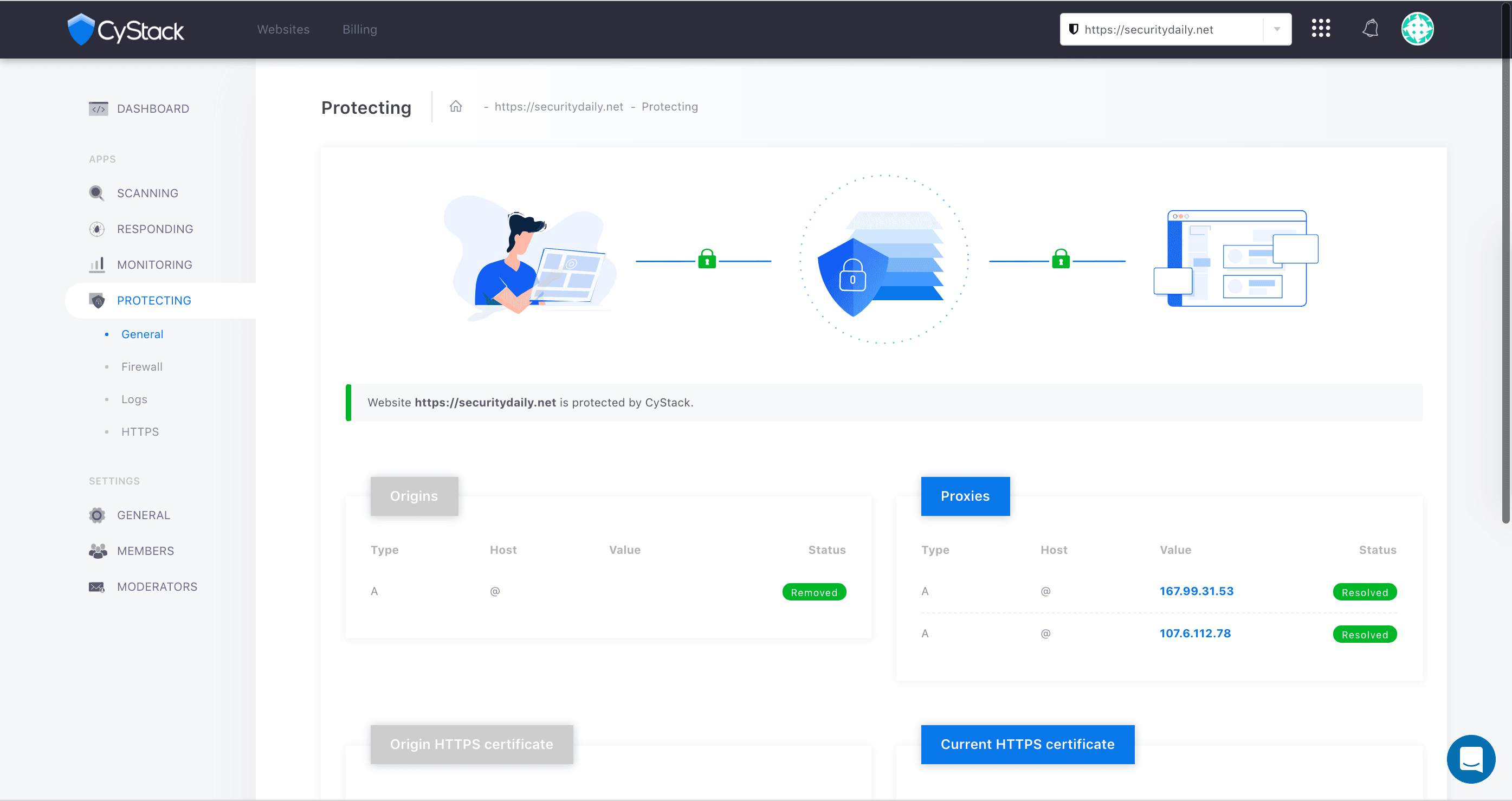 Giao diện của ứng dụng CyStack Protecting - Phòng chống một cuộc tấn công ddos