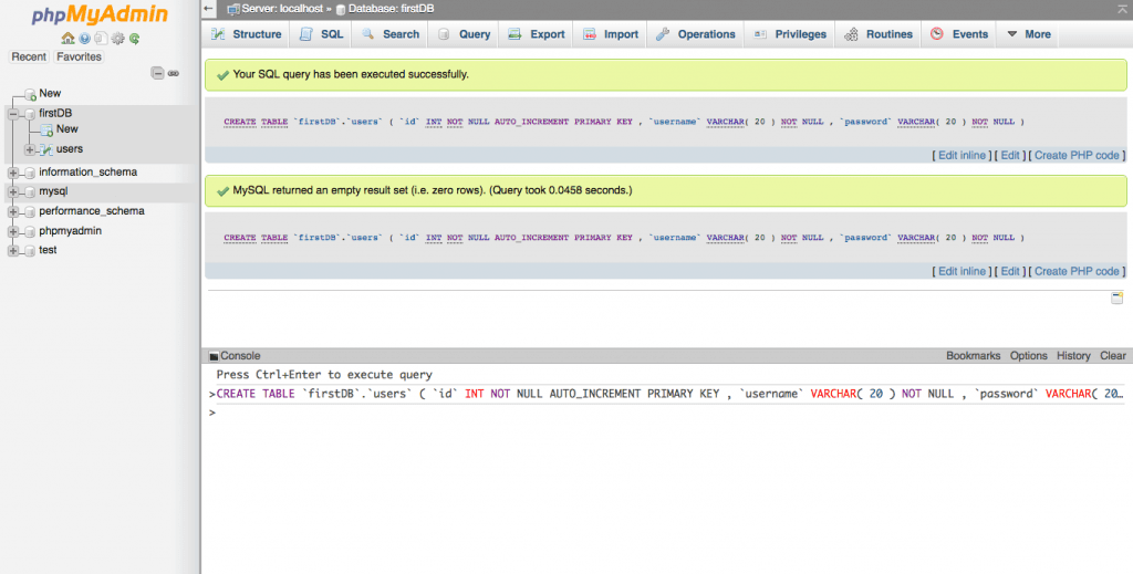 Màn hinh quản lý database trong phpMyAdmin