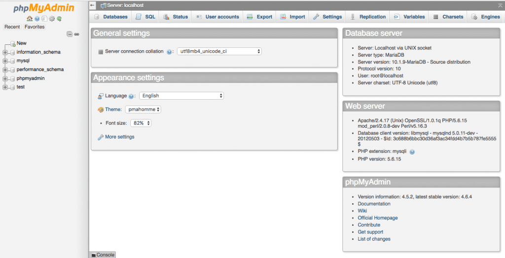 Công cụ phpMyAdmin đã chạy thành công