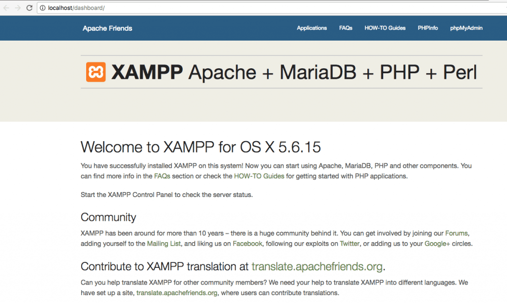 Trang chào mừng mặc định của XAMPP