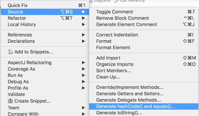 eclipse generate hashcode equals