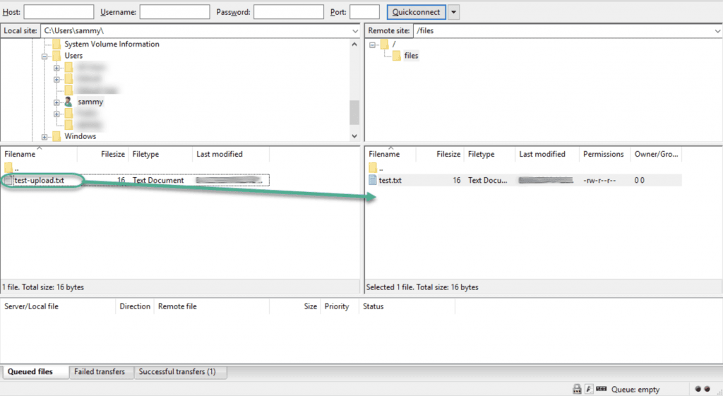 Giao diện quản lý file trên FileZilla