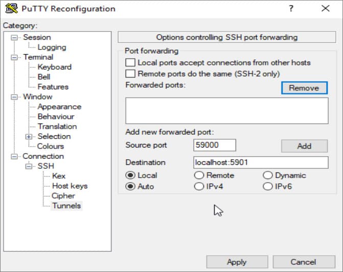 vnc putty reconf local