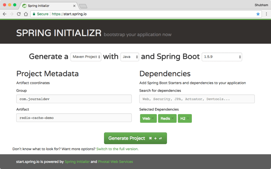 Các phụ thuộc của dự án tích hợp Redis cache vào Spring Boot